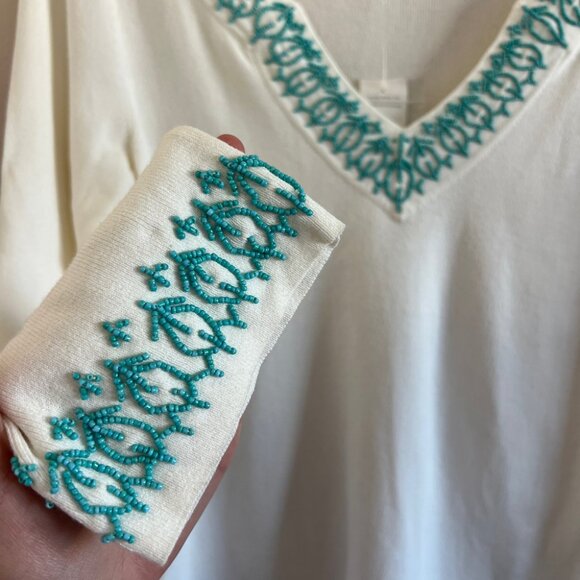 Ann Taylor LOFT | NWT White Long Sleeve Top with Turquoise Embroidery - Picture 4 of 6